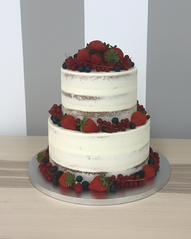 Tarta de boda semi naked personalizada en Mallorca con frutos rojos